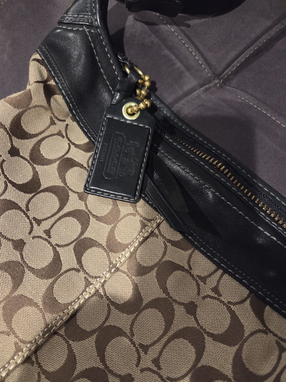 Coach Tan Signature Canvas Hobo with Black Leather Trim - Picture 2 of 6